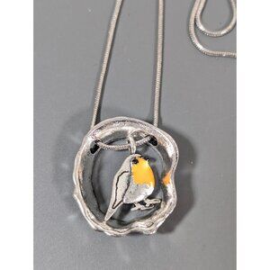 Silver Tone Orange Bird Charm Necklace Boho 20"